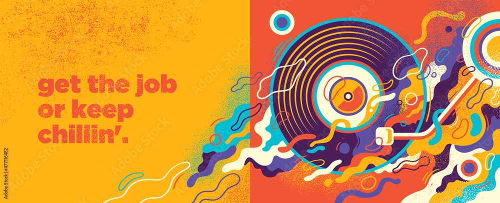 Party banner design in abstract style with turntable and colorful splashing shapes. Vector illustration.
