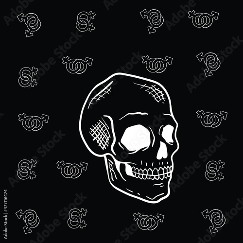 skull with gender symbol black and white, hand drawn free vector illustration