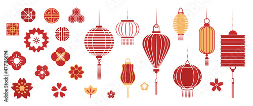 Chinese New Year Icons vector set. Chinese paper lantern and red lamp isolated icons of Asian Lunar New Year holiday decoration vector. Oriental culture tradition illustration.
