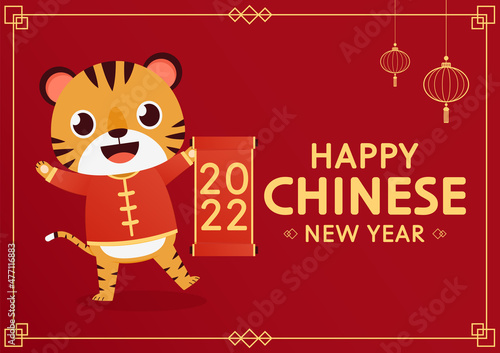 Happy Chinese new year 2022 poster. Happy Chinese new year greeting card 2022 with cute tiger. Tiger character design. © Supakorn