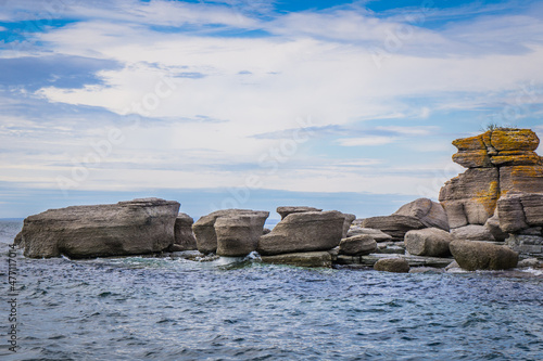 view on the limestone monoliths and rock formations on Niapiskau island in Mingan Archipelago National Park in Cote Nord region of Quebec, Canada