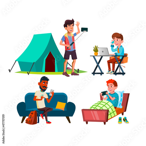 teen boy using smartphone set, happy chat. social person. smart media. gadget technology. addict human. vector flat cartoon illustration