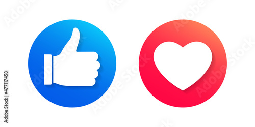 Like icons with thumb up and heart. Social media button symbols. Love and hand with finger circle signs. Vector illustration.