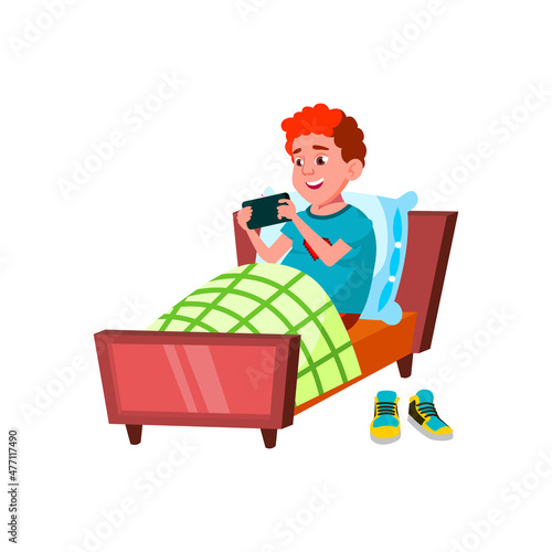 teen boy using mobile smartphone social person. web chatting. vector flat cartoon illustration