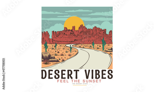 Western road trip theme vector desert illustration for apparel and others.