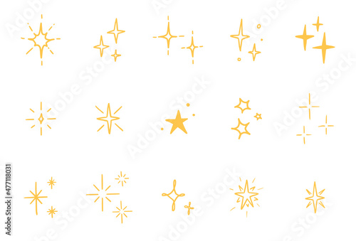 Line star glitter shine of doodle set. Star shine glow, spark glitter, sparkle light vector illustration. Hand drawn sketch doodle style.