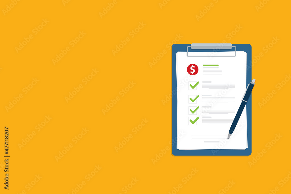 Clipboard with dollar sign, checkmarks and pen. Financial planning, investing, business audit, business plan concepts. Flat design. Clipboard with dollar sign, checkmarks and pen. Financial planning, investing, business audit, business plan concepts. Flat design.
