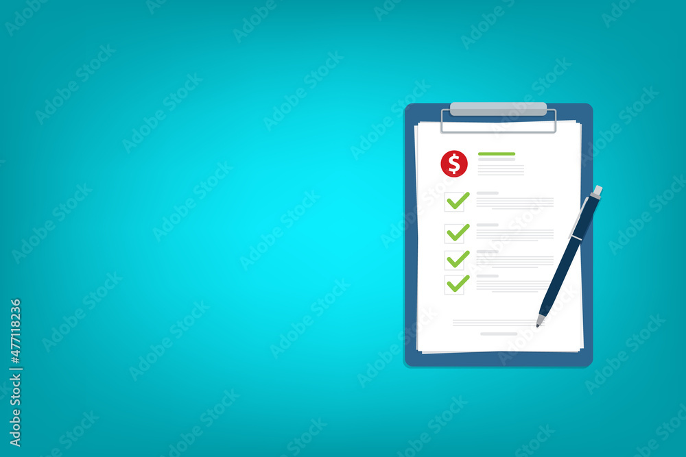 Clipboard with dollar sign, checkmarks and pen. Financial planning, investing, business audit, business plan concepts. Flat design. Clipboard with dollar sign, checkmarks and pen. Financial planning, investing, business audit, business plan concepts. Flat design.