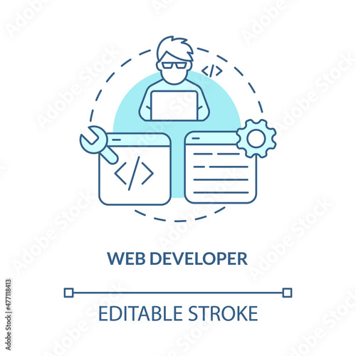 Web developer turquoise concept icon. Professional programmer job abstract idea thin line illustration. Isolated outline drawing. Editable stroke. Roboto-Medium, Myriad Pro-Bold fonts used