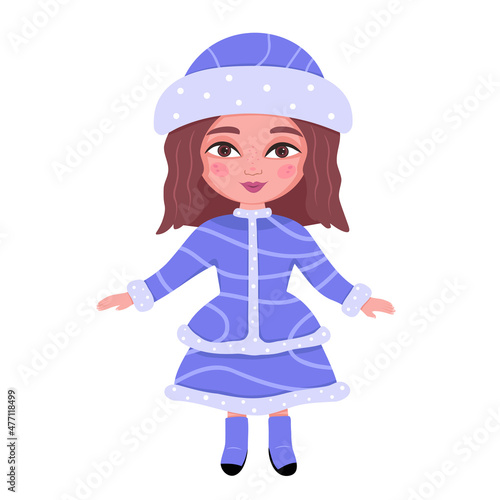 Snow Maiden. Beautiful girl wearing blue coat with white fur, traditional Russian Christmas character on white background. Vector Illustration for backgrounds, greeting cards and seasonal design.