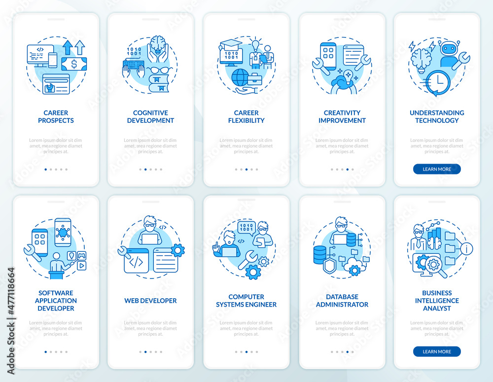 Coding concepts blue onboarding mobile app screen set. Admin walkthrough 5 steps graphic instructions pages with linear concepts. UI, UX, GUI template. Myriad Pro-Bold, Regular fonts used