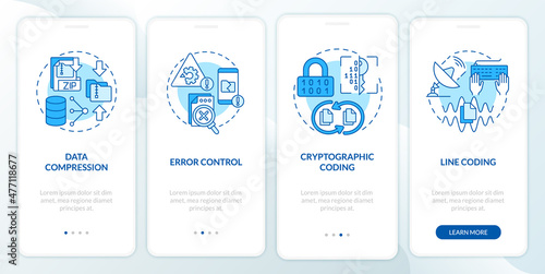 Types of coding blue onboarding mobile app screen. Programmer walkthrough 5 steps graphic instructions pages with linear concepts. UI, UX, GUI template. Myriad Pro-Bold, Regular fonts used