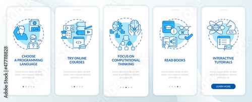 How to learn to code blue onboarding mobile app screen. Class walkthrough 5 steps graphic instructions pages with linear concepts. UI, UX, GUI template. Myriad Pro-Bold, Regular fonts used