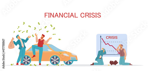 Financial crisis, rich people who have lost their savings, income in flat vector