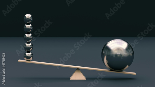 One large metal ball outweighs several small metal balls of a small diameter on a swing. 3D rendering. Minimalism. Abstraction. Balance concept. Leadership