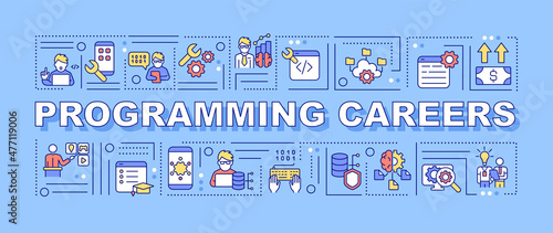 Programming career word concepts blue banner. Software developer. Infographics with linear icons on background. Isolated typography. Vector color illustration with text. Arial-Black font used