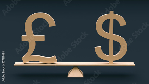 Obraz na plátně Symbols of the dollar and the British pound sterling stand on a swing against a dark background
