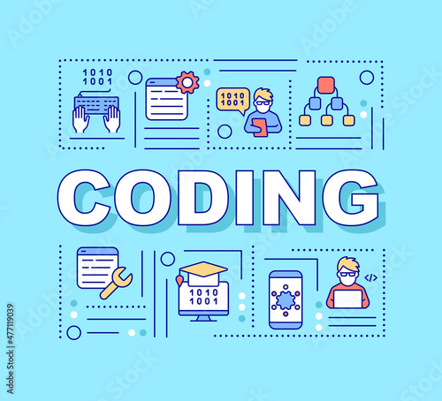 Coding word concepts turquoise banner. Software development. Infographics with linear icons on background. Isolated typography. Vector color illustration with text. Arial-Black font used
