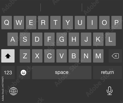Vector phone mobile keyboard. Screen keypad for smartphone. Flat UI of qwerty icons of alphabet for chat, text, messages. Smart digital buttons for cellphone sms.Design, template of pad for messenger