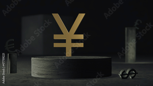 Photo Gold-plated Japanese Yen symbol is set on a concrete plinth against a background of abstract shapes and symbols of other currencies