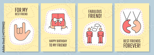 Friendship greeting card with color icon element set. Bond and relation with friend. Postcard vector design. Decorative flyer with creative illustration. Notecard with congratulatory message