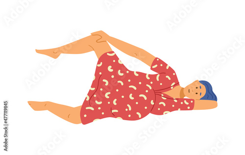 Woman in childbirth process lying on her side, flat vector illustration isolated on white background.