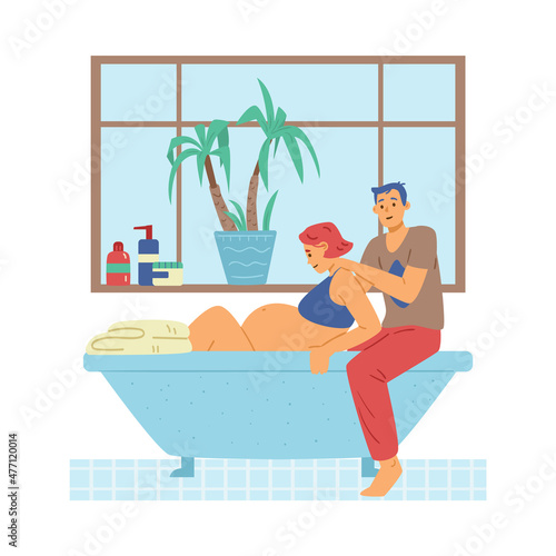 Woman sits in bathtub during labor and man massages her neck, flat vector illustration isolated on white background.