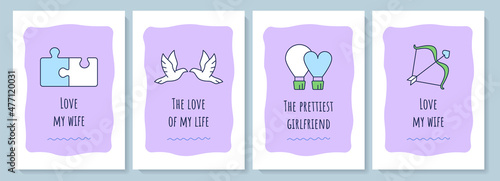 For her greeting card with color icon element set. Loving wife and girlfriend. Postcard vector design. Decorative flyer with creative illustration. Notecard with congratulatory message