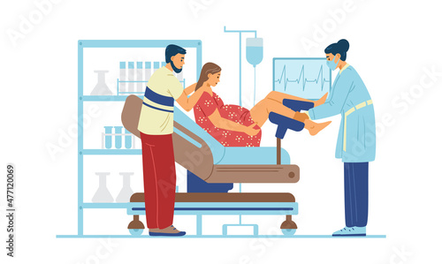 Pregnant woman in clinic giving birth to baby flat vector illustration isolated.