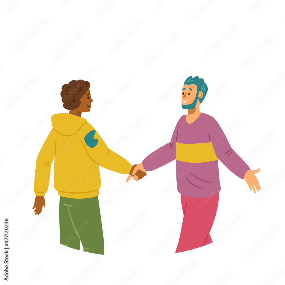 Friends shaking hands in greeting gesture, flat vector illustration isolated. Friends shaking hands in greeting gesture, flat vector illustration isolated.