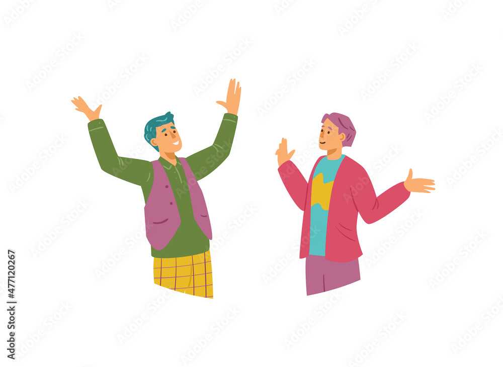 Friends raising hands for embrace or in greeting, vector illustration isolated. Friends raising hands for embrace or in greeting, vector illustration isolated.