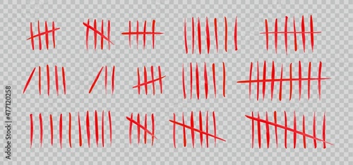 Tally marks set on a transparent background. Collection of blood red hash marks signs of prison wall, jail or desert island lost day tally numbers counting. Vector chalk drawn sticks lines counter.