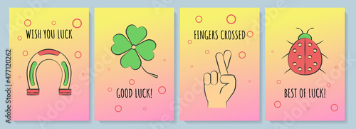 Wishing luck greeting card with color icon element set. Good fortune compliment. Postcard vector design. Decorative flyer with creative illustration. Notecard with congratulatory message
