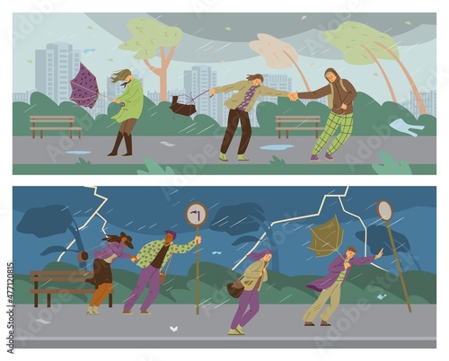 White, black and hispanic people under strong severe wind weather. Thunderstorm, diverse people under wind.