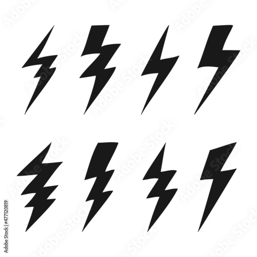 Set of electric lightning, thunder bolt in doodle style. isolated on white background. vector illustration