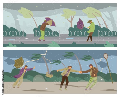 People and wind weather. Male and female characters in severe storm, heavy rain and tropical hurricane. Vector drawing.