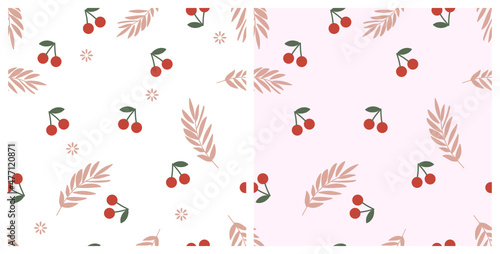 Seamless patterns with cherry fruit and branches on white and pink backgrounds vector.