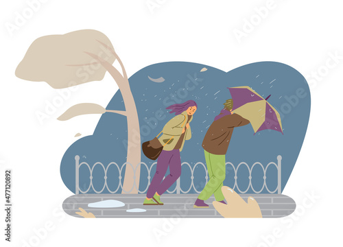 People go towards strong wind during storm, bad and cold weather - flat vector illustration on white background.