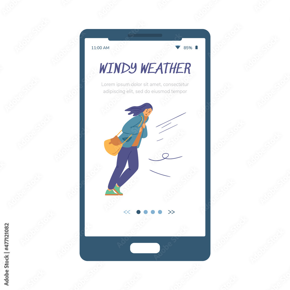 Woman in jacket walks against heavy wind, onboarding screen template, flat vector illustration. Woman in jacket walks against heavy wind, onboarding screen template, flat vector illustration.