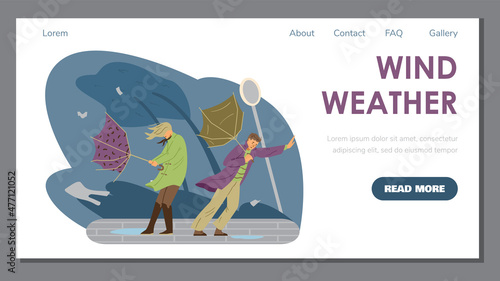 People with broken umbrellas during hurricane and heavy wind, landing page template - flat vector illustration.
