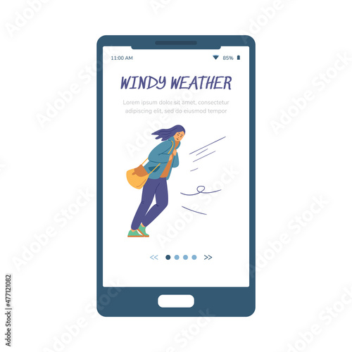 Woman in jacket walks against heavy wind, onboarding screen template, flat vector illustration.