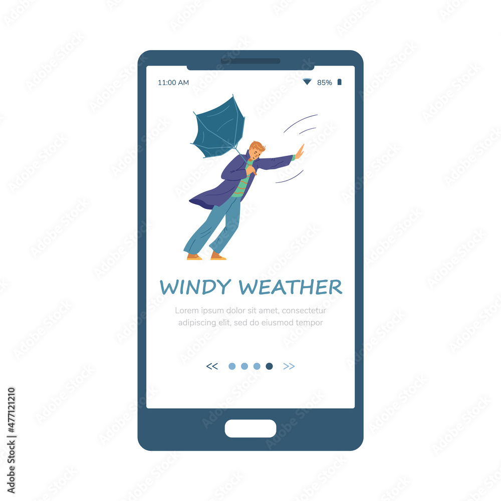 Man with broken umbrella in a windy autumn weather. Umbrella is blown away with a strong wind flat vector illustration. Man with broken umbrella in a windy autumn weather. Umbrella is blown away with a strong wind flat vector illustration.