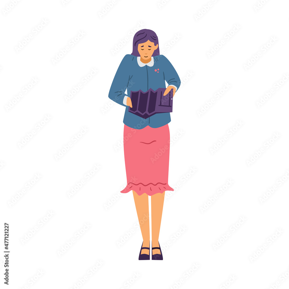 Sad asian female wearing skirt and heels look inside open empty wallet. Personal finance problem vector illustration. Sad asian female wearing skirt and heels look inside open empty wallet. Personal finance problem vector illustration.