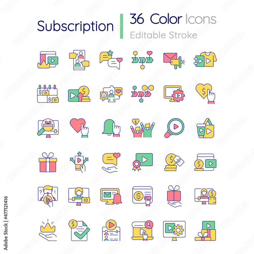 Subscription RGB color icons set. Bonuses and benefits. Content monetization. Isolated vector illustrations. Simple filled line drawings collection. Editable stroke. Quicksand-Light font used Subscription RGB color icons set. Bonuses and benefits. Content monetization. Isolated vector illustrations. Simple filled line drawings collection. Editable stroke. Quicksand-Light font used