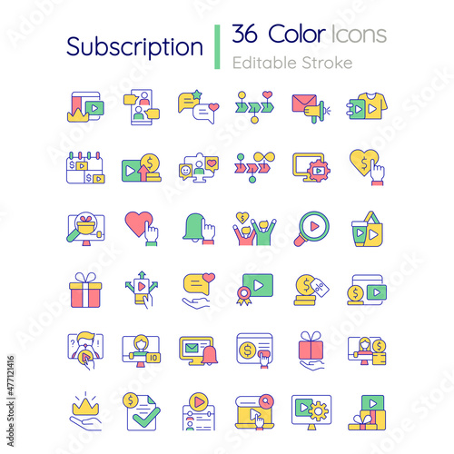 Subscription RGB color icons set. Bonuses and benefits. Content monetization. Isolated vector illustrations. Simple filled line drawings collection. Editable stroke. Quicksand-Light font used