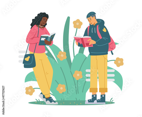 Black female student stand and read a book, her white friend student is a reader too, flat vector illustration.