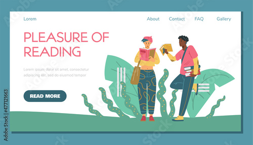 Black guy and asian girl stand at library, college or bookshop and read books. Pleasure of reading vector banner.