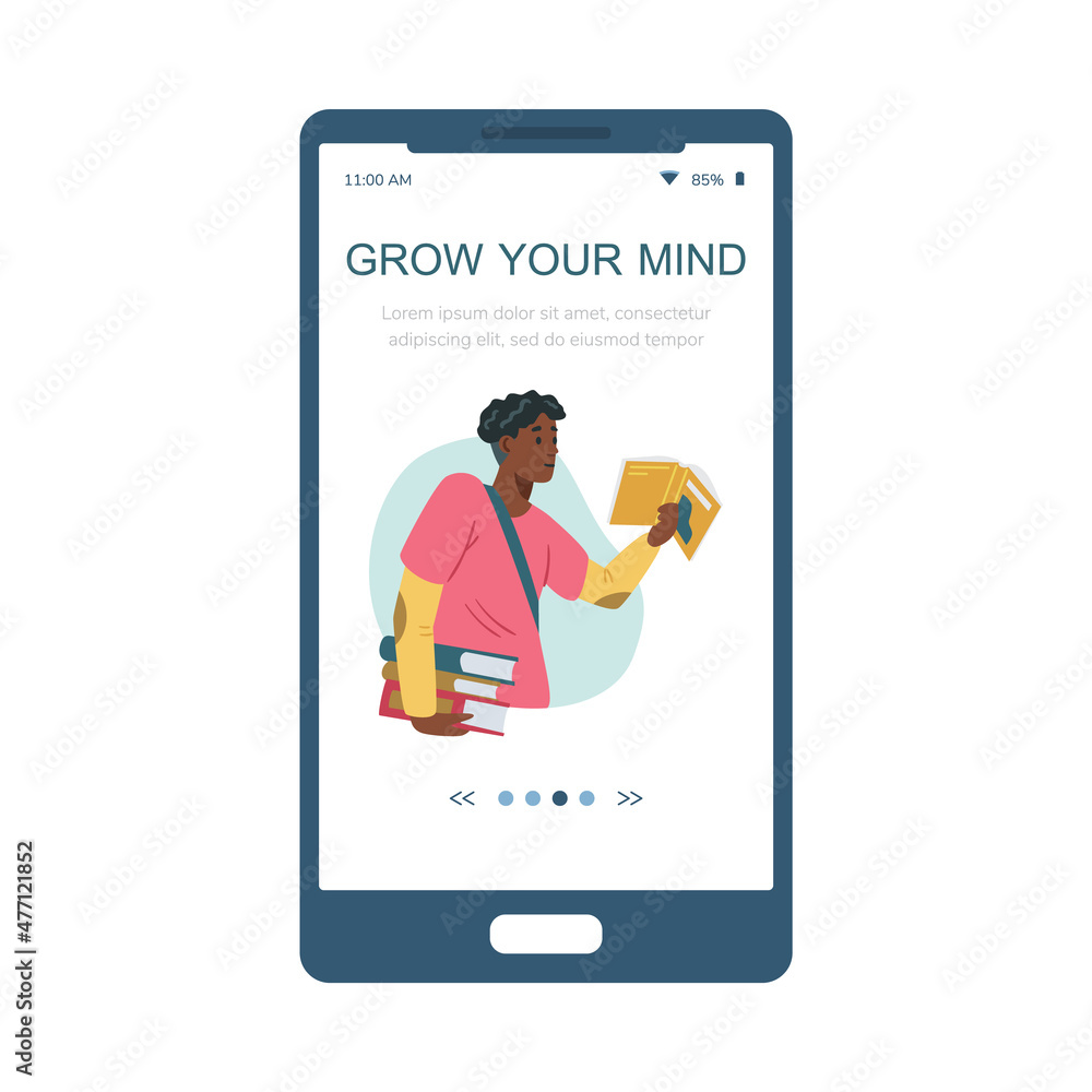 Black student reader flat vector banner for mobile phone app. African American holding pile of books in hands. Black student reader flat vector banner for mobile phone app. African American holding pile of books in hands.