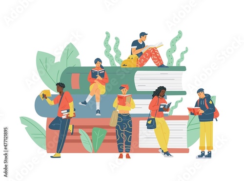 Group of high school kids study together. Student reader vector illustration. Diversity ethnicities children read books.