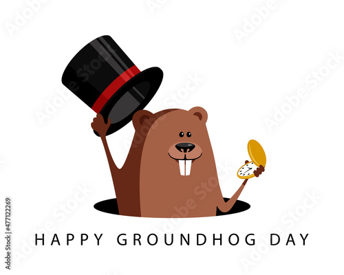 Happy groundhog day celebration. Funny vector cartoon illustration with marmot. photo